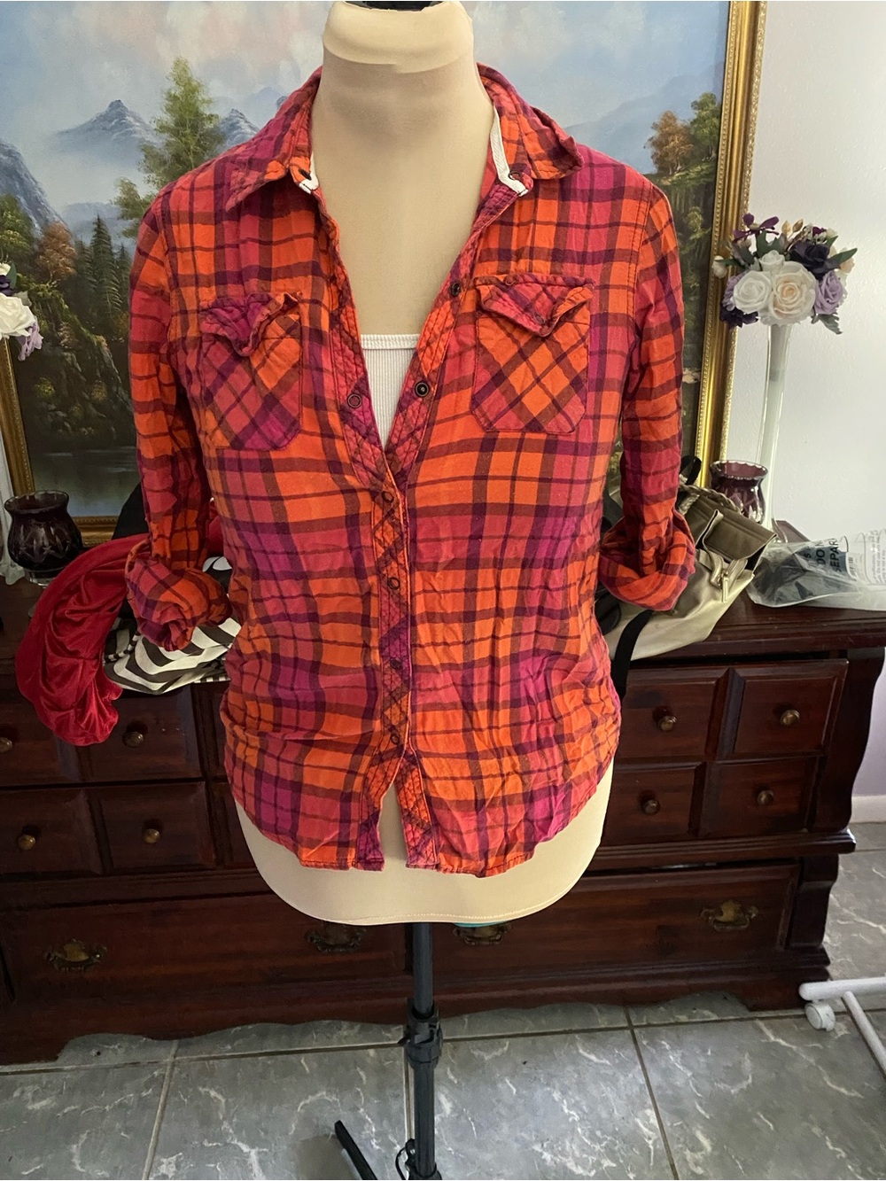 Mid-2000’s Arizona Jean Company Orange and Pink Plaid Shirt - Picture 2 of 3